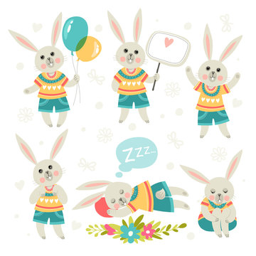 Set of illustrations with rabbits. Cartoon style. Different poses