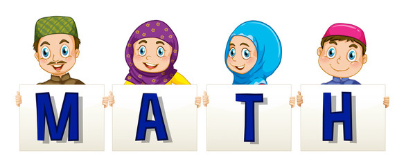 Muslim family holding sign for word math