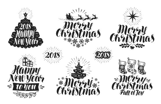 Merry Christmas and Happy New Year, label set. Xmas, holiday icon or logo. Lettering, typographic design vector