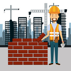 professional construction man character with cityscape background vector illustration design