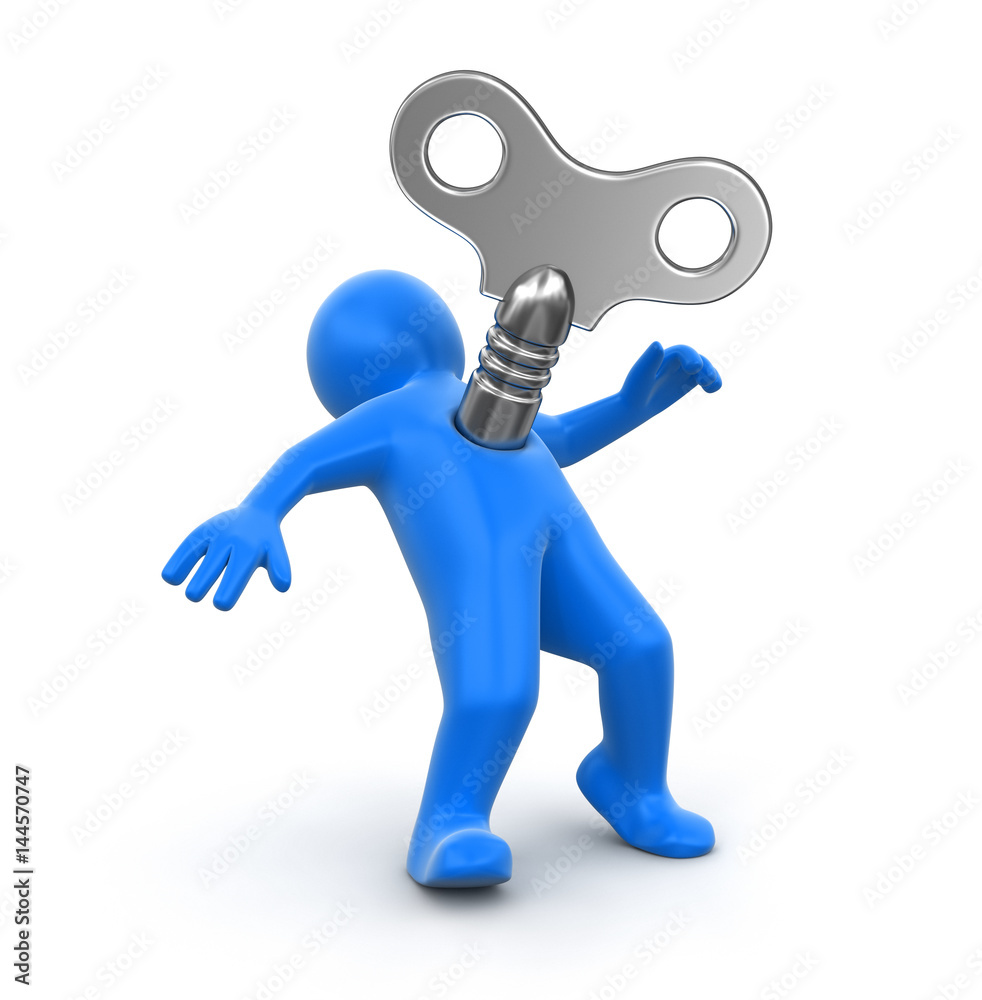Poster man and winding key. image with clipping path