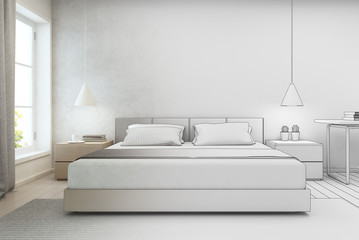 Bedroom with concrete wall background in modern house, Sketch design of home interior - 3D rendering