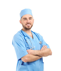 Handsome young doctor on white background