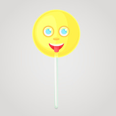 Yellow candy is an emotional icon, voluminous with a face, on a stick. Round caramel. Shows the language. Sweet food. Cartoon style. Object isolated on a gradient background.