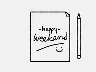Happy weekend word on paper cartoon pencil drawing kid style