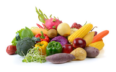 vegetables and fruits on white background