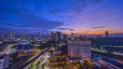 Aerial view of beautiful sunrise blue hour at Kuala Lumpur city skyline