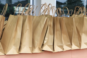 close up paper bag of kraft  brown  on  table