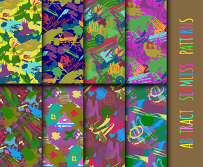 Creative universal different hand drawn seamless patterns endless texture abstract fills surface and colorful geometric ornaments vector illustration.