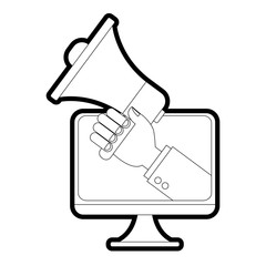 computer and loudspeaker or megaphone icon image vector illustration design 