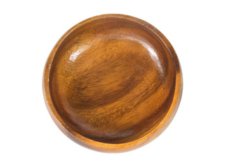 Empty round wooden bowl isolated on white background, food display montage, top view.