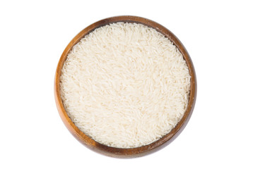 Fototapeta na wymiar White rice (Thai Jasmine rice) in wooden bowl isolated on white background , clipping path.