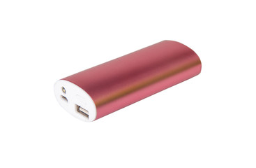 Pink portable power bank for charging mobile devices isolated on white background.