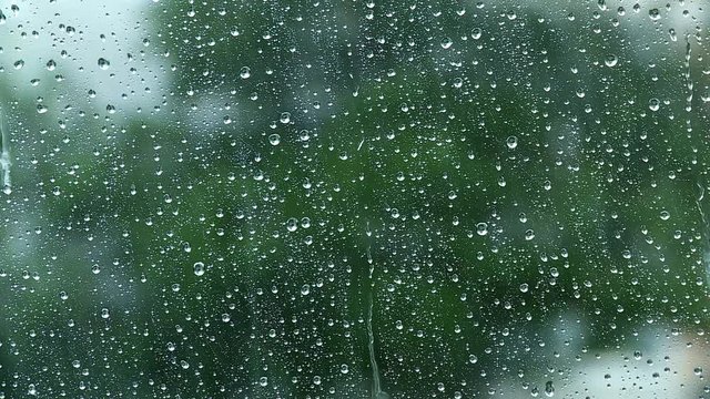 Heavy rain on a window with trees flowing on the background