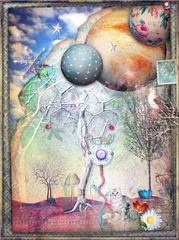 Photo sur Plexiglas Imagination Fairy tales meadow with magic tree and cat