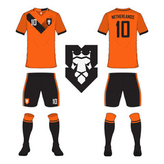 Fototapeta premium Set of soccer jersey or football kit template for Netherlands national football team. Front and back view soccer uniform. Sport shirt mock up.
