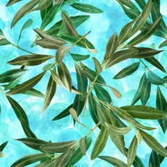 Crédence de cuisine en verre imprimé Olivier Seamless pattern with olive tree branches on teal