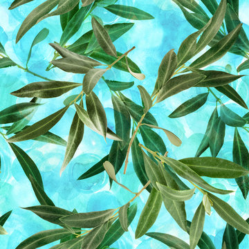 Seamless pattern with olive tree branches on teal