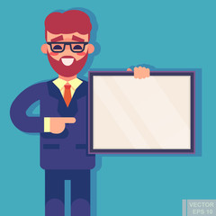 Handsome manager in formal suit holding a blank sheet and pointing by index finger to it. Template for your text. Cartoon character - cute businessman. Stock vector illustration in flat design.