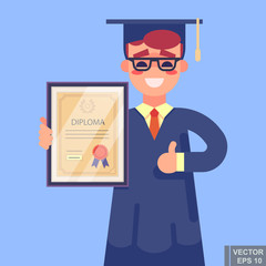 Fototapeta na wymiar Handsome successful student holding diploma in his hands. Graduate of MBA. Modern vector illustration.