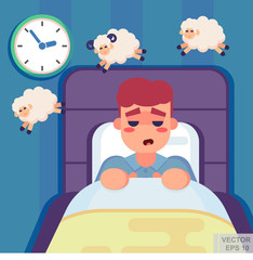 Vector flat illustration - Cute man in her bed at night counting sheep, fighting insomnia