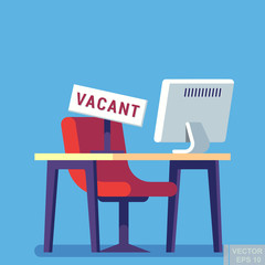 Composition with office chair Computer table and a sign vacant. Business hiring and recruiting concept. Vector illustration.
