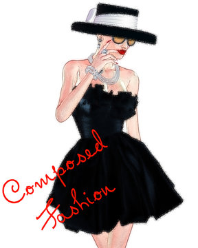 Paris fashion sketch,attractive woman in vintage style black dress and hat in our 3d render digital art style.