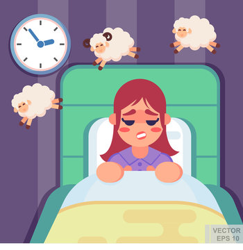 Vector flat illustration - Cute woman in her bed at night counting sheep, fighting insomnia