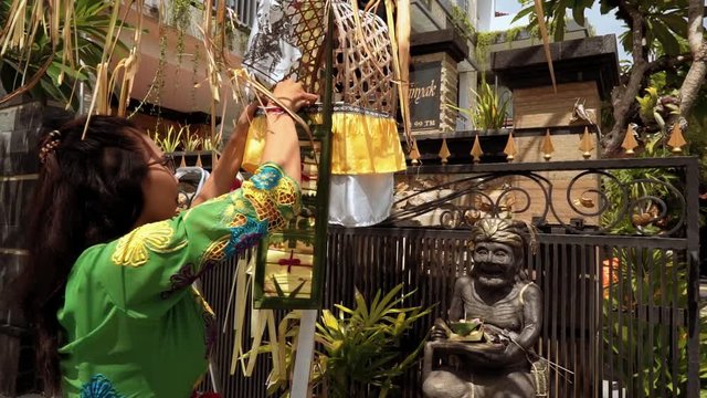 Balinese woman in traditional ceremony costume decorating penjor on Galungan day (Bali holiday ceremony). Medium shot with Sony a7s on tripod on sunny day