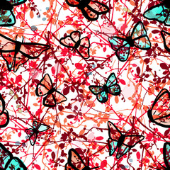 Seamless vector pattern with butterflies and branches