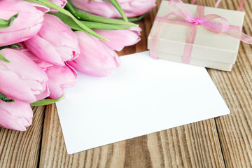 Flowers, greeting card and gift box