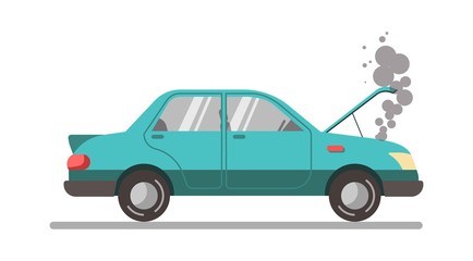 Crashed blue car with open hood, vector illustration isolated