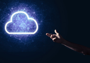 Digital cloud icon as symbol of wireless connection on dark back