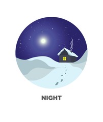 Night round web button with winter scenery landscape, rural house