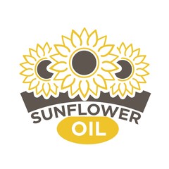 Sunflower oil label with yellow flower with black dieting seeds