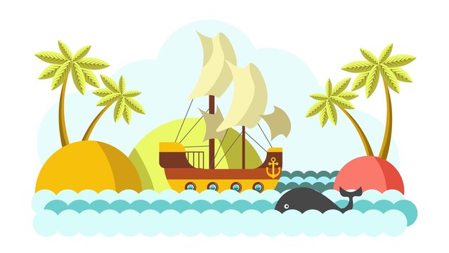Pirates boat with sail in sea vector colorful illustration