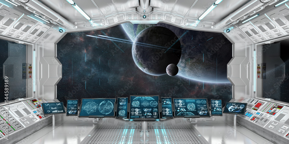 Poster Spaceship interior with view on distant planets system 3D rendering elements of this image furnished by NASA