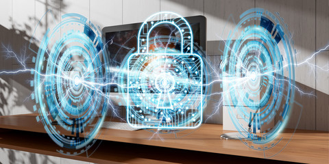 White and digital firewall flying over desktop 3D rendering