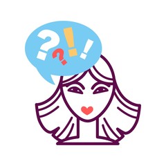 Woman portrait icon with speech bubble, question and exclamation mark