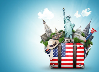 USA, vintage suitcase with American flag and landmarks