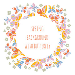Vector background with abstract butterflies and clover leaves.