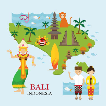 Bali, Indonesia Map with Travel and Attraction, Landmarks, Tourism and Traditional Culture