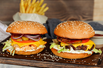 Two cheeseburgers in the decoration closeup shot