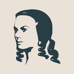 Face half turn view. Elegant silhouette of a female head. Vector Illustration. Long curly hair. Monochrome gamma.