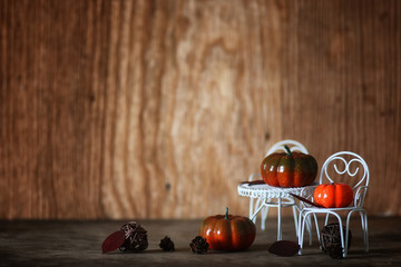 fresh pumpkin in interior wooden room on chair