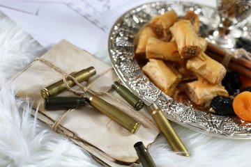 Eastern sweets table on a silver platter baklava and Tamarind