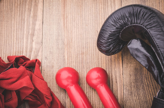 image of boxing on a wooden background/sports accessories for boxing