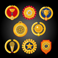 Flat awards collection. Set of trophies, emblems, medals and cups.