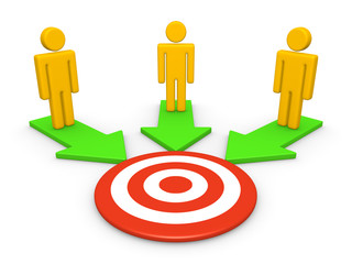 Three people with common target. 3d render.