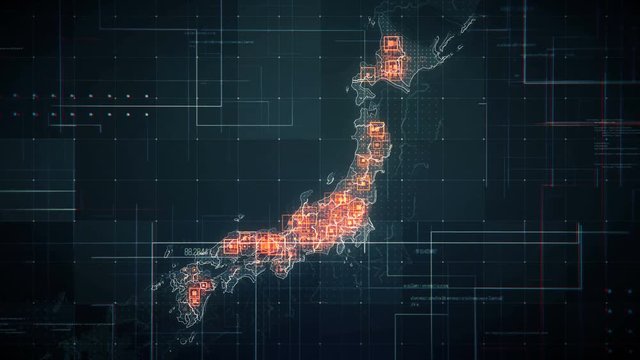 Black Japan Map with Lines Rollback Camera. Black Japan map with visual effects,square indicators and animated lines in different places.